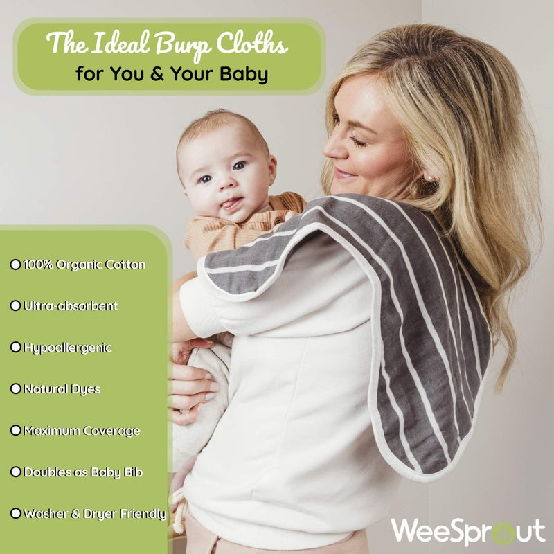 WeeSprout Unisex Organic Towel Cotton Burp Cloths, Set of 4, Four Ultra-Absorbent Layers Keep Clothes Dry, Button Transforms into Baby Bib, Machine Washable & Dryer Safe (Neutral Set, Full) - Image 2
